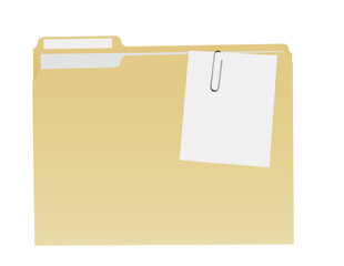 Manila folder with a label, papers inside, and a note paper clipped to the outside.