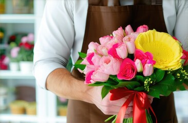 male florist holds a bouquet against the background of a flower shop.