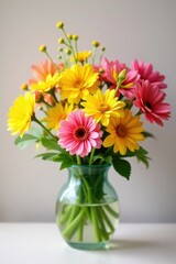 Fototapeta premium A colorful mix of yellow and pink flowers in a vase, pink, garden flowers, spring