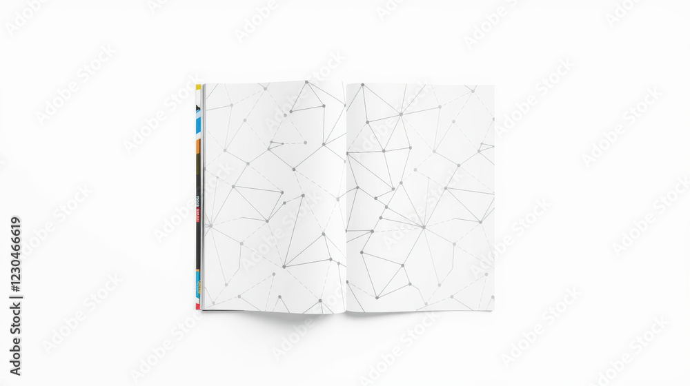 Poster blank book mockup with geometric patterns on pages, ideal for design presentations and creative proj