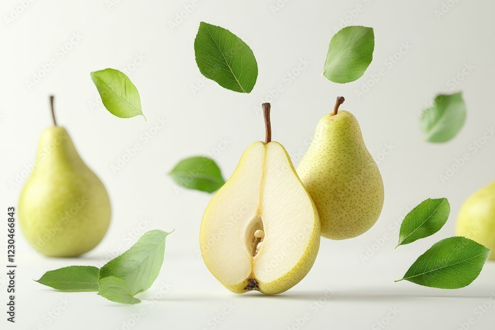 Poster fresh pears with green leaves arranged on a light background showcasing their vibrant color and text