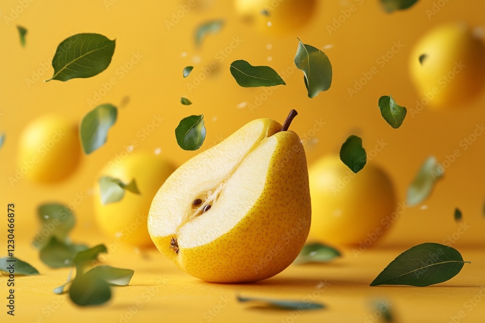 Poster pears and leaves floating in air creating a vibrant visual composition against a yellow background