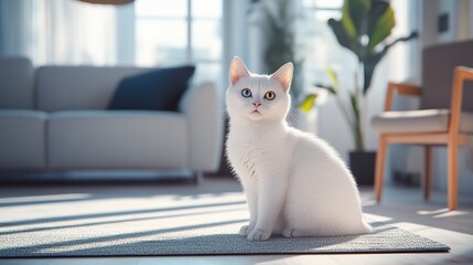 White Khao Manee cat with unique blue and yellow eyes
