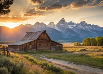 Obraz premium Sunrise over Mountain Range with Rustic Wooden Barn - Scenic Landscape Photography