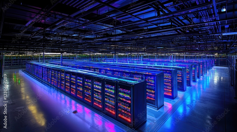 Poster high-performance server rack illuminating a modern data center with vibrant leds
