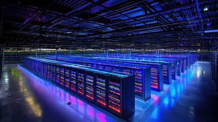 High-performance server rack illuminating a modern data center with vibrant LEDs