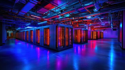 Powerful storage array in a modern data center with ambient lighting
