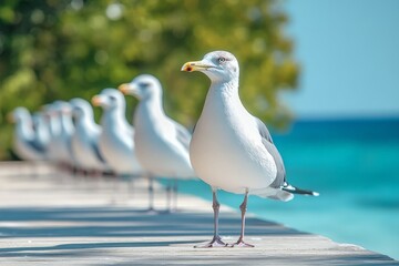 Obraz premium Seagulls lined up on a dock overlooking a calm ocean on a sunny day