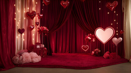 A luxurious Valentines Day dressing room with red velvet curtains, heart-shaped mirrors