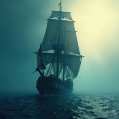 Ancient frigate sails into dense fog, masts silhouetted , adventure, wood