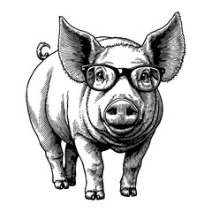 Fototapeta premium Cute Pig Wearing Glasses with Front View in Detailed Black and White Outline Line Art Drawing