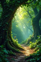 Ancient roots, clinging vines, dappled sunlight, ecology, wildlife