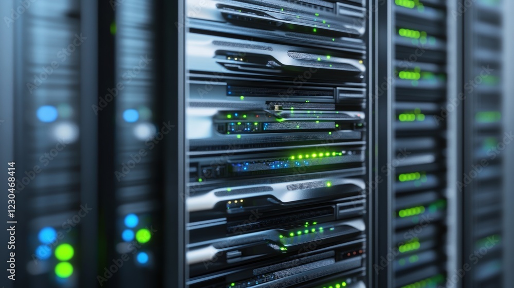 Aufkleber close view of server equipment in data center with flickering indicators