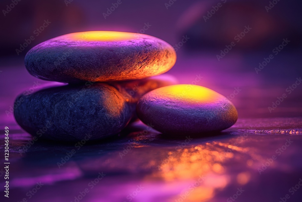 Poster stones with glowing light create a serene atmosphere in a tranquil setting