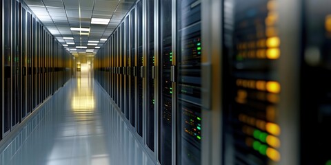 Server room with computer racks in a data center for hosting and backup