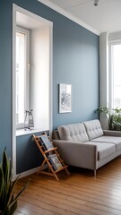 Sofa and book stand against the blue wall—scandinavian home interior design of modern living room.