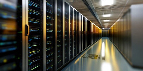 Server room with computer racks and storage systems in a data center