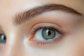 Obraz premium Close-up of a woman's eye showcasing detailed eyelashes, eyebrow, and iris with a mix of green and brown hues.