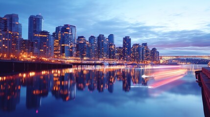 Fototapeta premium Photo of city skyline with modern skyscrapers and digital interface overlay, illuminated at dusk, concept of technology and AI integration in urban environments