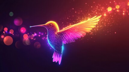 Rainbow Hummingbird in Flight, Glowing, Bokeh Background, Digital Art