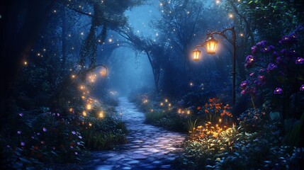 Enchanted Forest Path: A Mystical Night Scene with Glowing Lights