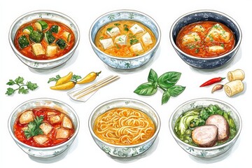Variety of traditional Asian noodles and soups presented in decorative bowls with fresh herbs and ingredients