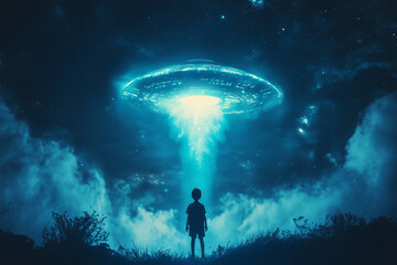 Obraz premium Boy awestruck as a UFO hovers over him in the night sky