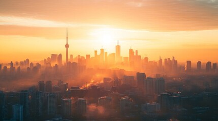 Fototapeta premium Panorama aerial view in the cityscape skyline with smart services and icons, internet of things, networks and augmented reality concept , early morning sunrise scene .