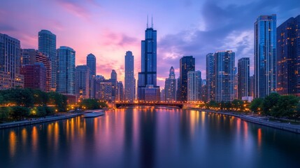 Fototapeta premium Photo of city skyline with modern skyscrapers and digital interface overlay, illuminated at dusk, concept of technology and AI integration in urban environments