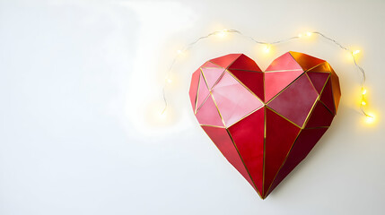 A modern, artistic Valentines Day wall featuring a large abstract red heart made of cut-out paper, with gold foil accents and simple string lights in the background