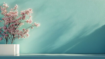 Elegant pink cherry blossoms in white vase against soft teal wall, minimalistic home decor with natural shadows, modern floral arrangement for peaceful ambiance