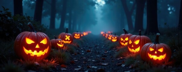Obraz premium Flickering jack-o-lanterns light the way through the darkness, mist, spooky, jack o lanterns