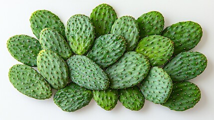 Nopales cactus paddles arranged on clean white background, vibrant green