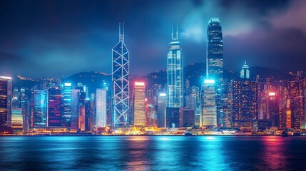 Fototapeta premium Financial graph on night city scape with tall buildings background double exposure. Analysis concept.