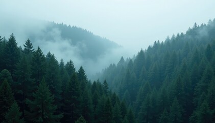 Fog veiled the towering evergreens of a misty forest, forest, trees