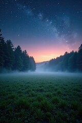 Fototapeta premium Fog rolls across a forest field under starry sky, peaceful, forest, stars