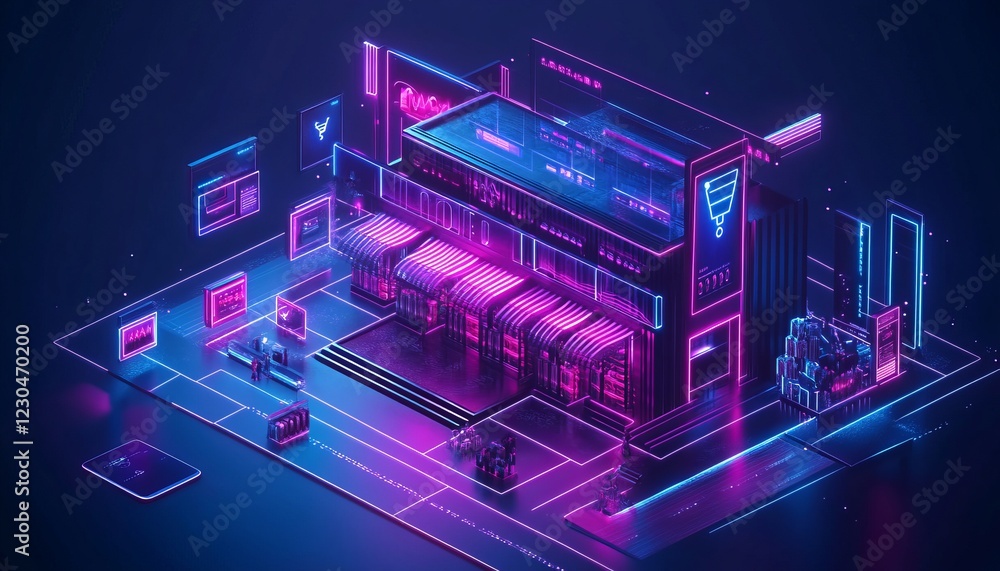 Poster futuristic neon storefront with glowing digital interface elements and customers.