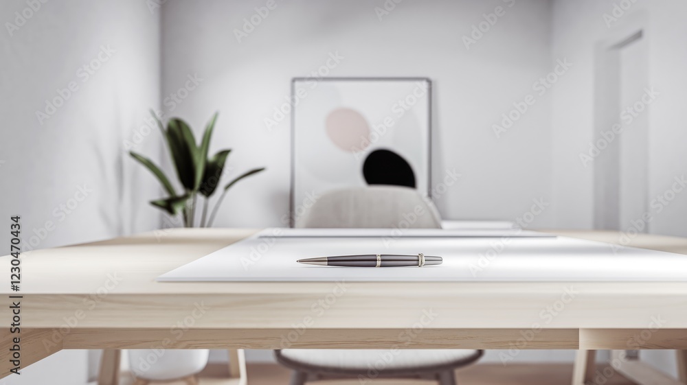 Poster a minimalist workspace with a pen on a clean white desk, showcasing a simple and elegant design.