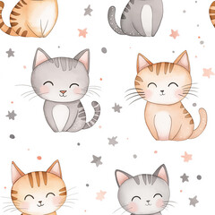 Seamless pattern with cute kittens and stars on white background.