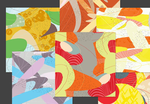 Seamless Pattern Set with Organic Grunge Textured Overlapping Oval Wavy Shapes and Lines