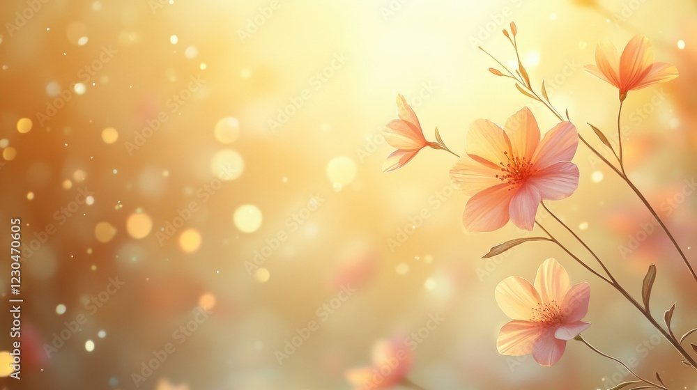 Poster soft pink flowers bloom in a warm golden background with gentle bokeh effects creating a serene and 