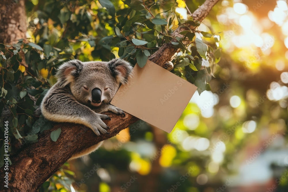 Poster koala resting on a tree branch during golden hour with a blank sign in a lush green environment
