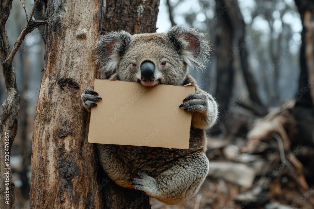 Poster koala holding up a blank sign in a serene forest setting after a wildfire event