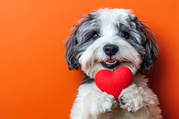 Cute old english sheepdog hound with diamond red heart - symbol of love, funny greeting card. Promotion idea. Old english sheepdog - my beloved dog. Valentine's day animals. Puppy love.