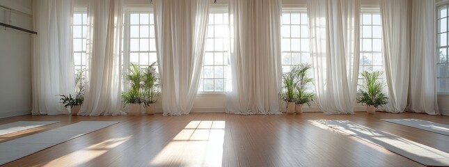 Fototapeta premium Serene Yoga Studio with Sunlight Streaming Through Sheer Curtains