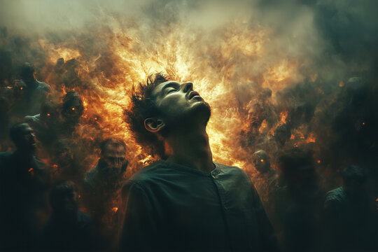 Burnout and depression, the man with the burning head