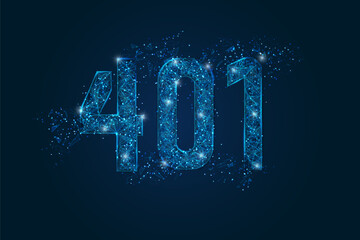Abstract isolated blue image of 401 error, unauthorized access concept. Polygonal low poly wireframe illustration looks like stars in the black night sky in space or flying glass shards.