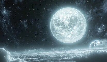 Naklejka premium Celestial Serenity: A Dreamlike Nightscape with Glowing Moons and Starry Skies