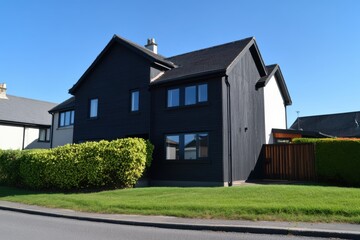 A charming black wooden house sits nestled in a suburban neighborhood, featuring a beautifully manicured lawn and vibrant hedges that flourish under a clear blue sky