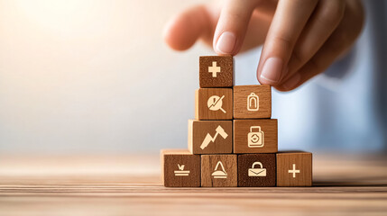 Health insurance concept with healthcare icons on wooden blocks.